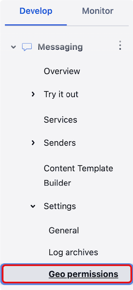 Messaging Geo Permissions Console Side Navigation.